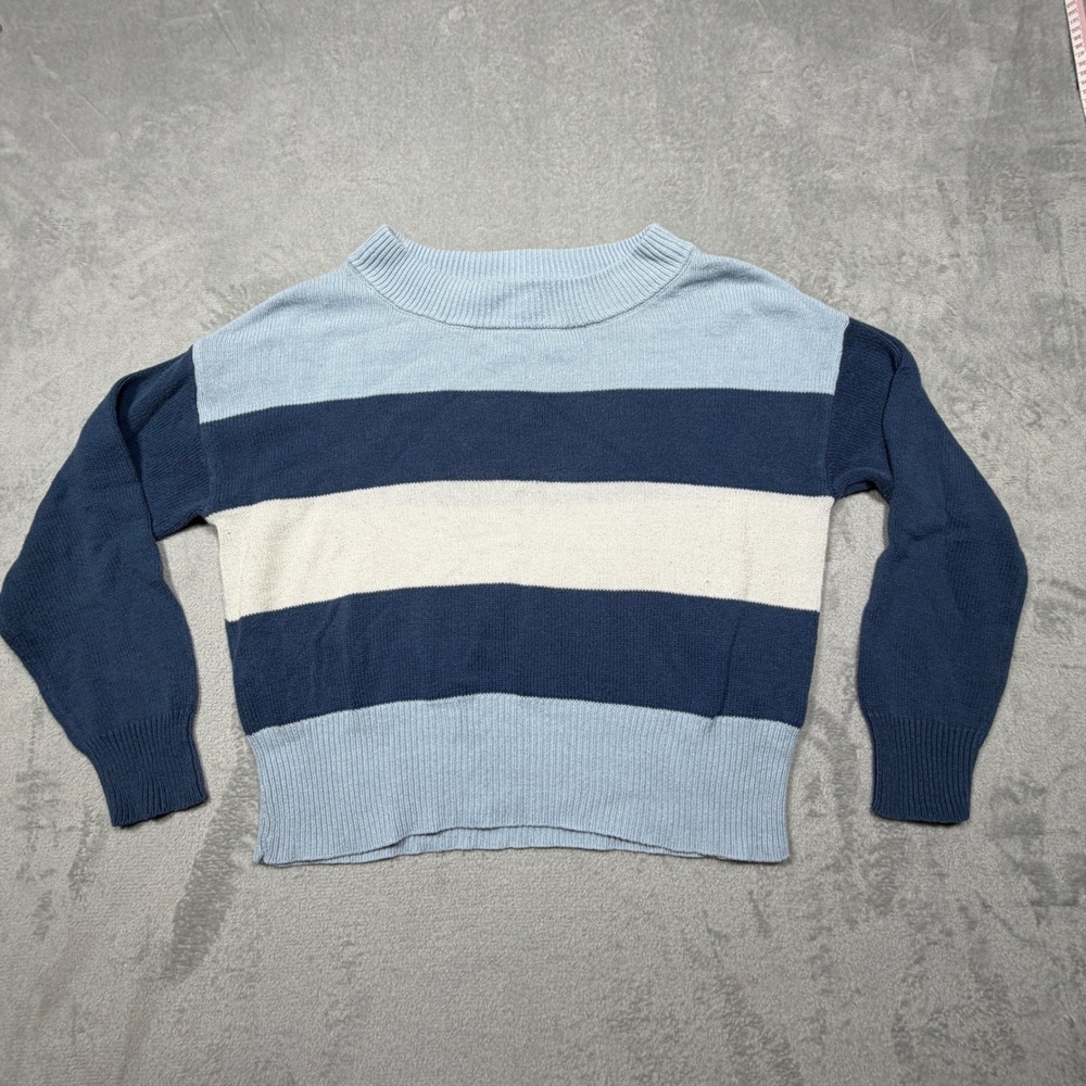 Blue Striped Sweater Nautical Preppy Size M Cropped Boxy Nautical